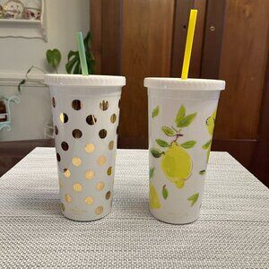 2 Kate Spade Insulated Tumblers Lemon and Gold Dots